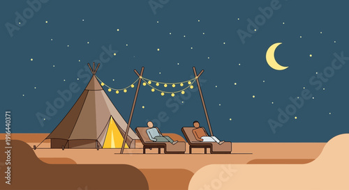 A serene flat design illustration depicting a cozy glamping setup under a starry desert sky, characteristic of the Coachella festival experience.