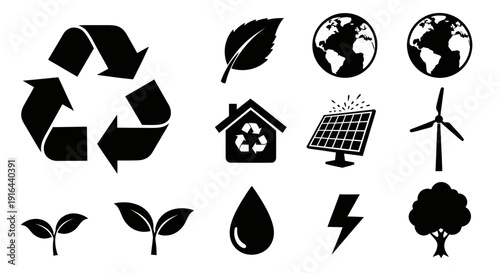 Collection of environmental icons including recycling, leaves, earth, renewable energy, and eco-friendly symbols