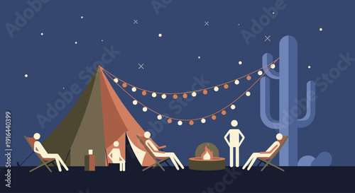 A serene flat design illustration depicting a cozy glamping setup under a starry desert sky, characteristic of the Coachella festival experience.