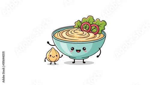Smiling bowl of hummus with vegetable garnishes standing next to a small cute chickpea character for healthy food.