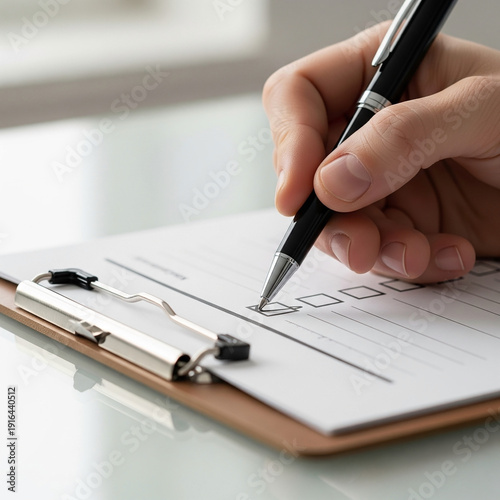 Hand checking box on checklist paper with pen