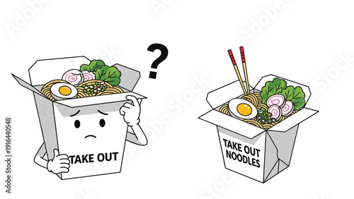 Comparison of a confused takeout noodle box character and a standard open package for food delivery marketing.