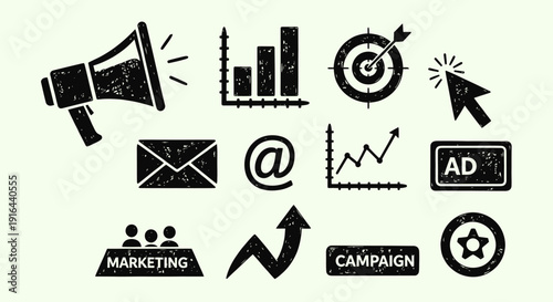 Collection of black, distressed marketing icons including megaphone, chart, target, arrow, email, @ symbol, ad, and group symbols on a light background