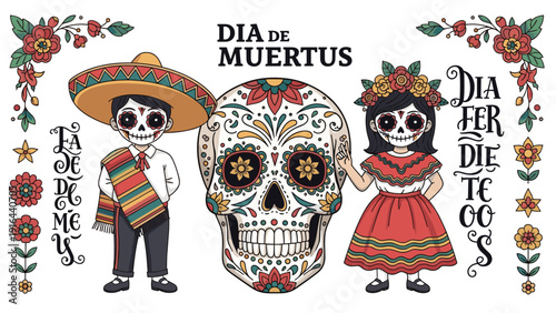 Day of the Dead illustration featuring a Mexican boy, girl, and a decorated skull for Dia de Muertos festivities.