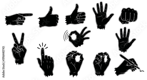 Collection of various hand gestures in black and white, including pointing, thumbs up, peace, fist, OK, and writing