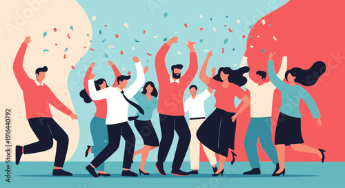 A dynamic flat design illustration depicting a joyful and diverse crowd dancing energetically amidst confetti at the Coachella festival. 