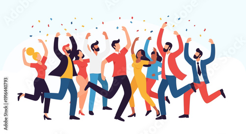 A dynamic flat design illustration depicting a joyful and diverse crowd dancing energetically amidst confetti at the Coachella festival. 