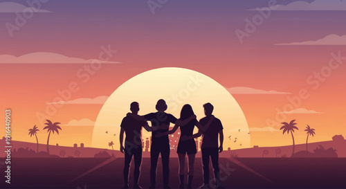 A heartwarming flat design illustration depicting a group of friends silhouetted against a stunning Coachella sunset, sharing a memorable moment. This minimalist vector art evokes a sense of togethern