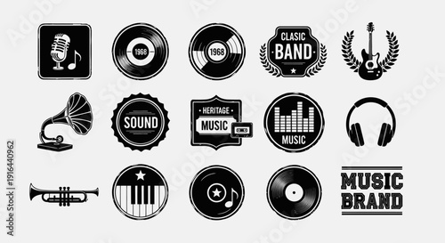 Collection of vintage-inspired music icons including microphones, records, band emblems, instruments, and sound equipment