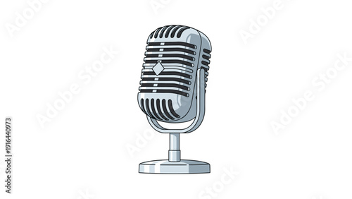 Retro silver microphone for broadcasting and singing stands isolated on a white background in a detailed vector style.