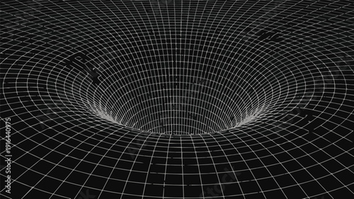 Minimalist black and white wireframe mesh showing circular gravity distortion effect