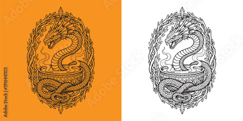 Horned Dragon Serpent Emerging from Ornamental Cauldron with Coral Frame