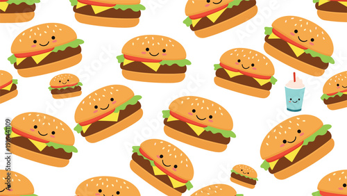 Seamless pattern featuring multiple happy hamburger characters with smiling faces and a small milkshake on white.