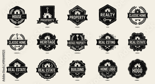 Collection of 16 vintage and classic real estate logos featuring houses, keys, wreaths, and banners