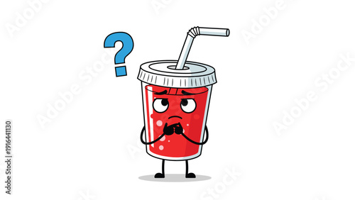 Worried soda cup character with a straw looks up at a blue question mark in a confused expression on white background.