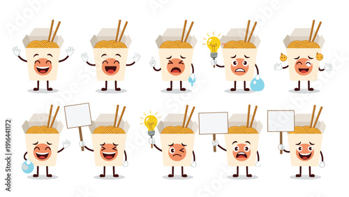 Collection of noodle box characters showing different emotions including happy, sad, thinking, and holding signs.
