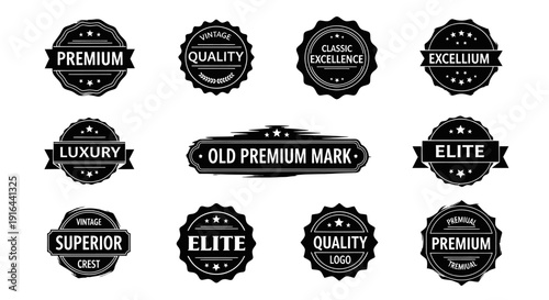 Collection of vintage-style black and white badges with premium, quality, luxury, and elite labels