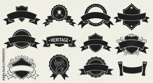 Collection of 15 black vintage-style award and badge emblems with ribbons, shields, and ornate details