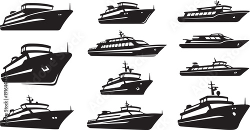 Collection of various luxury yacht boat silhouettes on white
