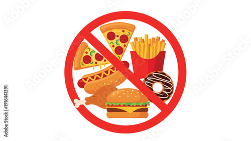 Red forbidden sign placed over various junk food items like pizza, burger, fries, and donuts to promote health.