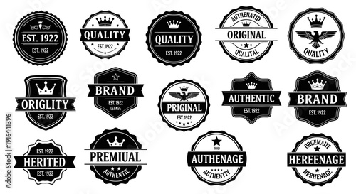 Collection of vintage black and white badge logos with crowns, eagles, stars, and text design elements