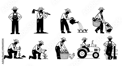 Series of black and white illustrations depicting a farmer performing various agricultural activities