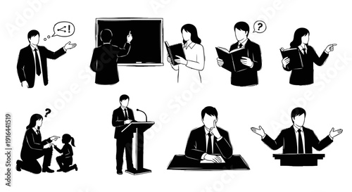 Series of black-and-white illustrations depicting various communication, teaching, and questioning scenarios involving adults and children