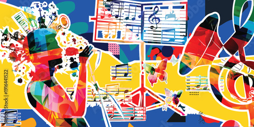Maximalist Music Collage with Singer Silhouette, Gramophone, Sheet Music and Musical Instruments on Vibrant Abstract Background