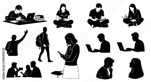 Silhouettes of students engaged in studying, using laptops, reading, and socializing in various postures