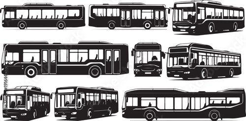 Collection of various bus silhouettes in black and white