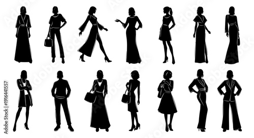 Collection of 15 diverse women silhouettes in various stylish poses, outfits, and accessories