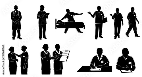 Collection of healthcare professionals, including doctors, nurses, and a patient, engaged in various medical and administrative activities