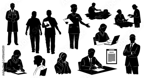 Collage of black and white silhouettes depicting medical professionals, patients, and healthcare scenes