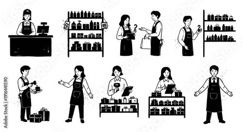 Black and white illustration of a bustling gift shop with staff preparing, selling, and organizing gifts