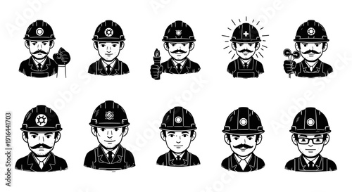 Collection of ten cartoon-style professional firefighters and paramedics in various uniforms and poses