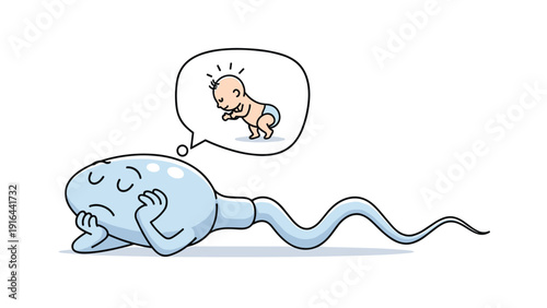 Exhausted sperm cell character lying down and dreaming about a small baby inside a thought bubble on white.