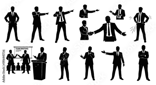 Collection of black silhouettes of businesspeople in various poses, including talking, gesturing, and shaking hands