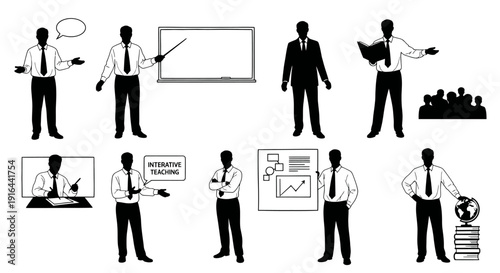 Collage of black-and-white silhouettes depicting various educational and presentation activities involving male figures