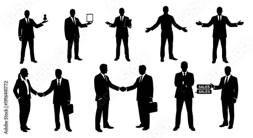 Silhouettes of business professionals in various poses, including presenting, shaking hands, and gesturing