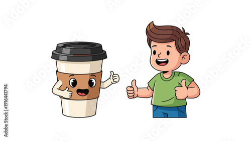 Friendly coffee cup character and a young boy stand side by side both giving a positive thumbs up gesture.