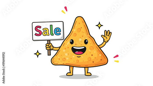 Happy yellow tortilla chip character with a smiling face holds up a colorful sign with the word sale on it.
