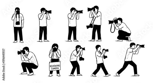 Series of black-and-white illustrations showing a person taking photos from various angles and poses, including squatting, kneeling, standing, and walking
