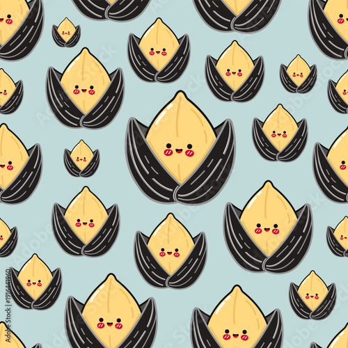 Cute cartoon sunflower seeds smiling seamless pattern