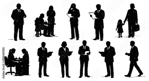 Collection of black silhouette figures portraying diverse professionals and individuals in various interactions