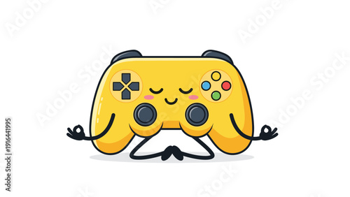 Yellow gamepad character with a peaceful expression sits in a crossed-leg meditation pose with hands in mudras.