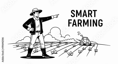 Black-and-white illustration of a farmer in a hat, pointing towards the distance in a cultivated field with a robot that emits smoke