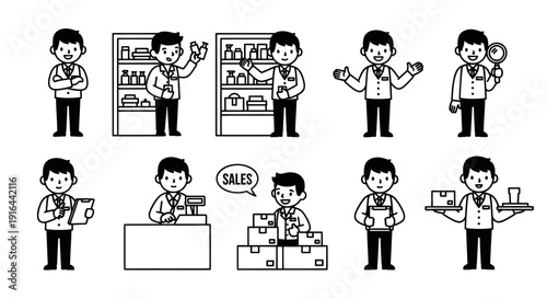 Series of cartoon pharmacy and retail workers demonstrating activities including stocking, selling, and organizing products