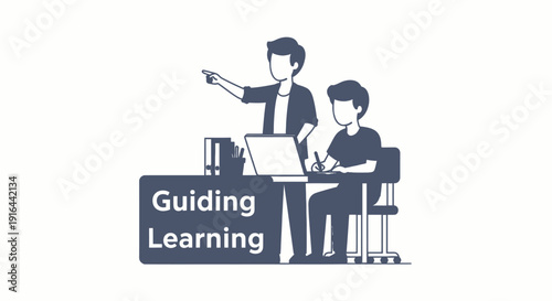 Two individuals engage in a guiding learning session, one instructing and the other taking notes