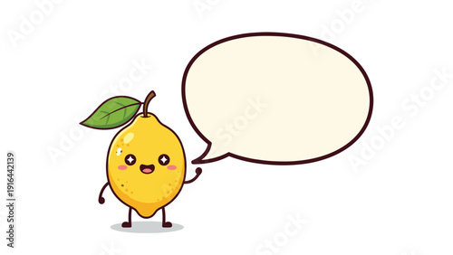 Smiling cartoon lemon character with sparkling eyes stands next to a large blank speech bubble, ideal for citrus fruit or health-related copy.
