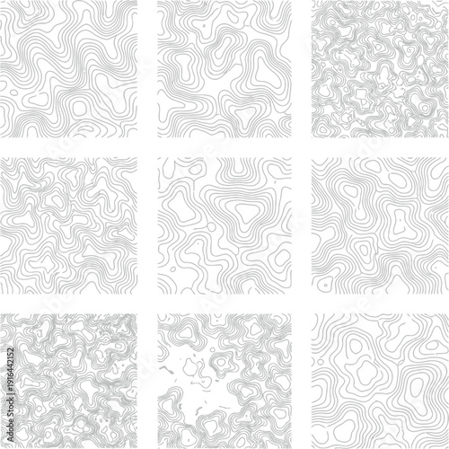 Topographic map textures, gray scale patterns, vector backgrounds, abstract designs, 9 elements